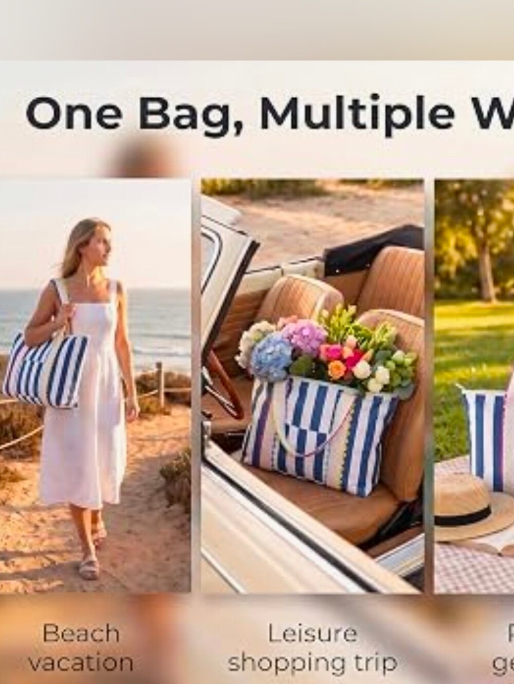 Blue & White Striped Durable Large Canvas Tote Bag W. Zipper | NEW WITH TAGS | - Picture 6 of 6